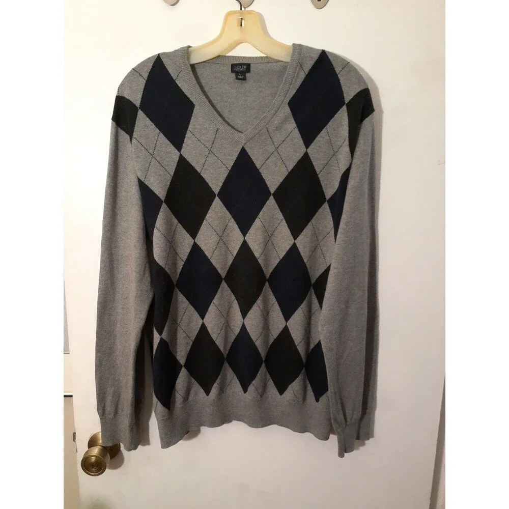 J.Crew sweater Men's L Cotton Cashmere Gray Navy Blue V Neck j. crew